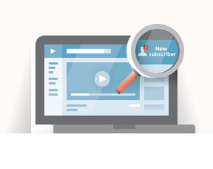 New subscriber of Video blog (vlog) on laptop computer. Concepts: Vlogging (personal video logs), Web movie live streaming / television, Let's Play (LP, Youtube), podcast, new trendy business