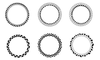 Round frame for decoration. Drawn Bohemian style frame. Hand drawn boho frames isolated on white background.