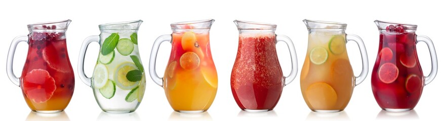 Iced beverages and cocktails in glass pitchers isolated w clipping paths - obrazy, fototapety, plakaty