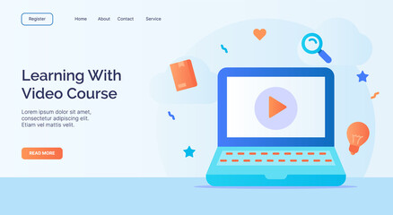 Learning with Video course for campaign web website home homepage landing page template with filled color modern flat style design.