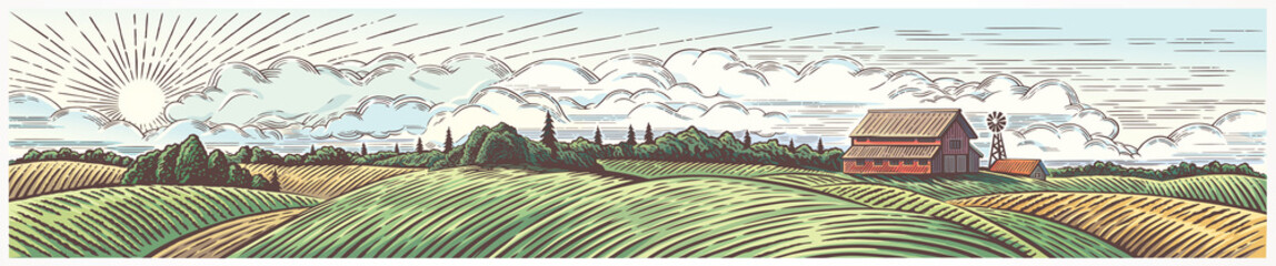 Rural landscape panoramic format with a farm. Hand drawn Illustration in engraving style.