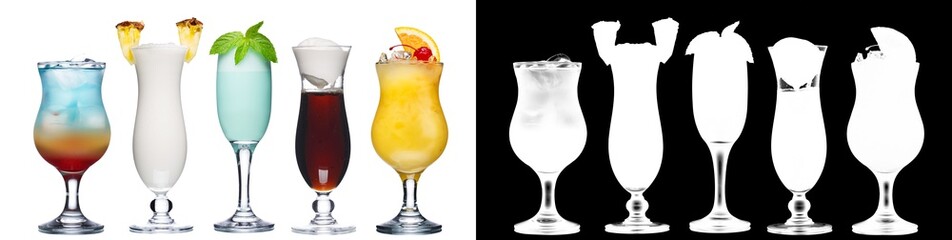 Colorful cocktails or mocktails, transparency mask included