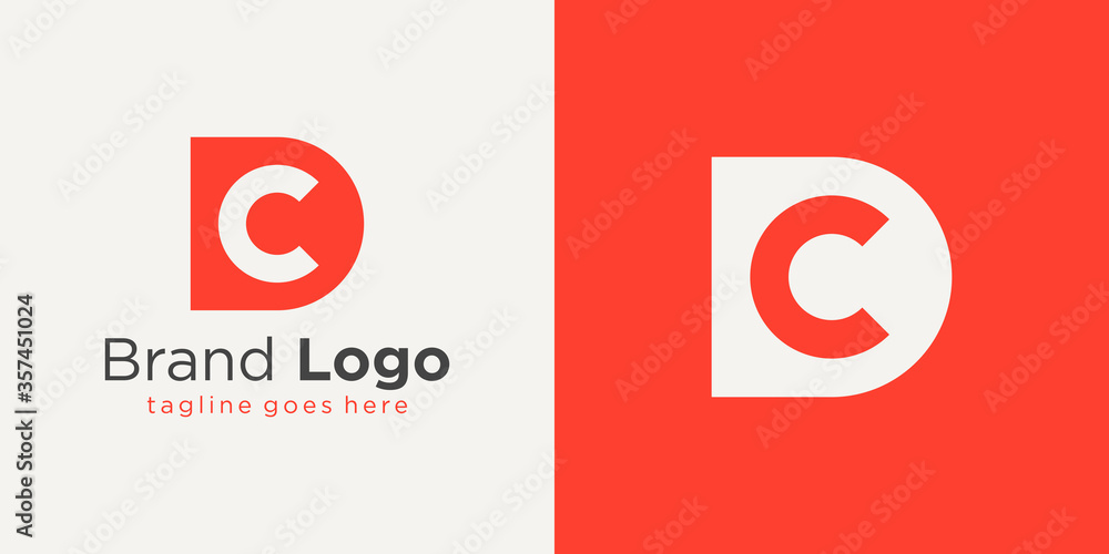 Poster initial letter d and c logo. red shape d letter with negative space c letter inside isolated on doub