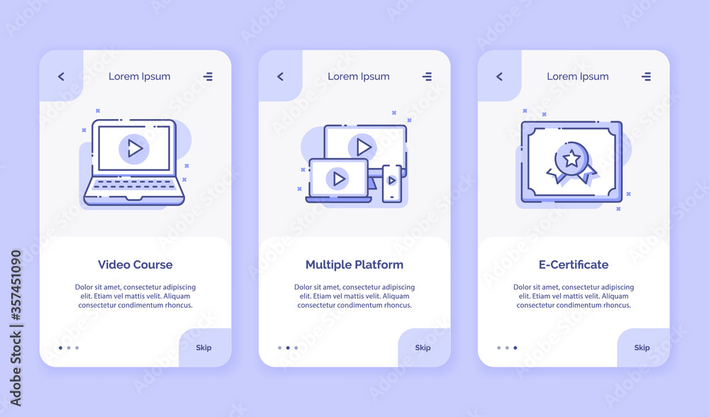 Poster onboarding icon online course video course multiple platform e certificate campaign for mobil apps h