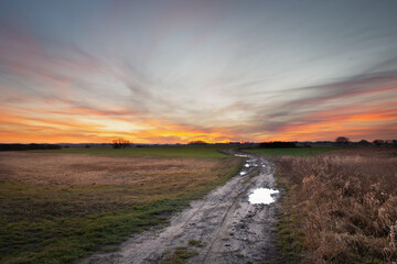 Ground road through wild meadows, horizon and colorful clouds after sunset