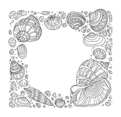 Seashell border frame. Vector illustration. Zentangle. Coloring book page for adult. Hand drawn artwork. Black and white. Bohemian ethnic concept