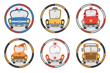 Cartoon profession vehicles banners.Vector illustration of cartoon car badges.