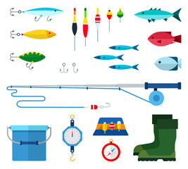 Set of fishing equipment and different types of fish vector illustration in a flat design.