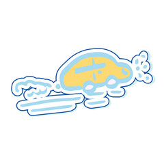 Sticker. Cartoon toy car. Isolated icon drawn by hand. Vector illustration of a subject on a white background. Doodle style. Element for scrapbooking, banners, cards, etc.