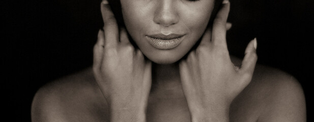 portrait of black beautiful. young model woman with hidden cutted eyes and beuty lips