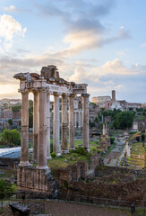 Temple of Saturn at sunrise, Rome, Italy
