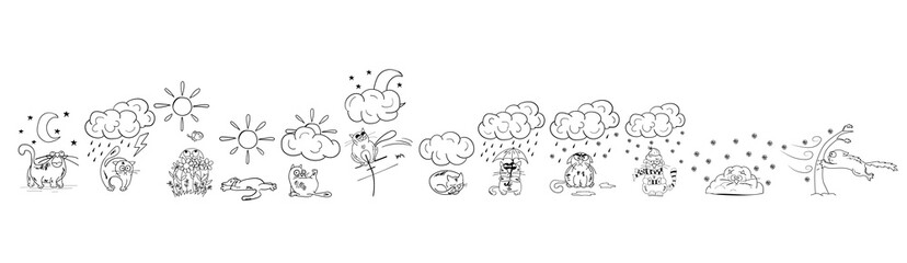 Cat and the weather. Funny cat drawn by hand at different times of the year. Illustration of weather and seasons. The reaction of the cat to the weather.