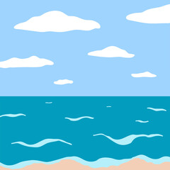 Sea landscape with wave and clouds.  Decorative background. Mosaic style