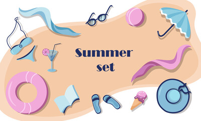 Summer set with beach accessories. Vector illustration in flat style for icons, printable and postcards.