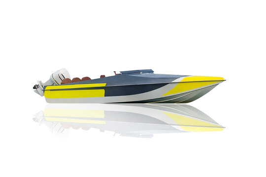 Yellow Speed Boat With Mirror Effect Isolated On White Background