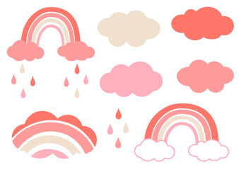 Set of colorful stylized rainbow clouds raindrops pink coral and beige pastel shades vector illustration