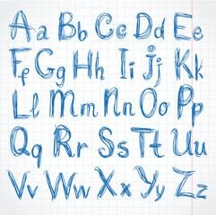 Handwritten script strokes of rough pencil. On of exercise book in cell