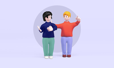 a character in a red sweater tells a story to a friend in a blue sweater, and they both gesticulate with their own hands colorful 3d illustration about friendship and communication