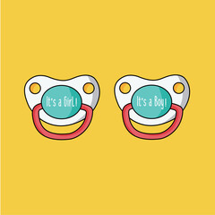 sweet modern cute clean colorful simple pacifier, soother or dummy vector cartoon with text - it's a Girl & it's a boy with black outline or line flat design isolated. twins baby concept