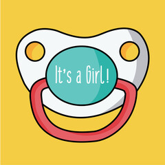 a sweet & cute clean colorful pacifier illustration vector with text on it - it's a Girl with black modern outline on a yellow background 