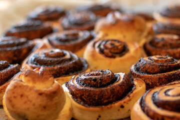 Homemade yeast dough chocolate rolls, close up image shallow depth of field