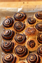 Homemade yeast dough chocolate rolls, close up image shallow depth of field