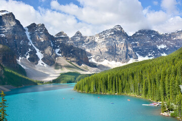 Fototapeta na wymiar The scenery and landscapes around Moraine Lake with vibrant blue water. The Valley of Ten Peacks.