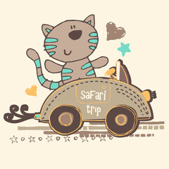 Funny little  kitten driver vector character illustration