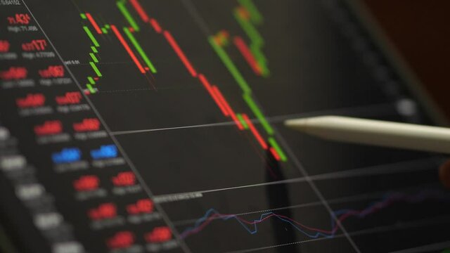 trader use pen trade forex maket stock on mobile with candle stick chart, business concept.
