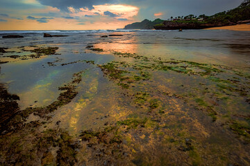 Low tide beach seascape view with sunset cloudy sky background