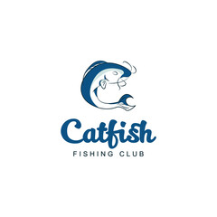 Catfish fishing Club template logo design inspiration. fishing emblem with fish symbol icon vector illustration