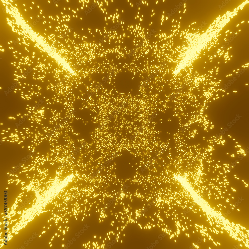 Poster 3d rendering. glowing fluid particles dynamic flow. futuristic fluid design.