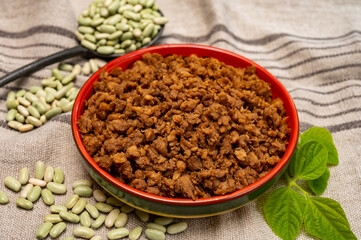 Source of fibre plant based vegan soya protein minced meat, meat free healthy food