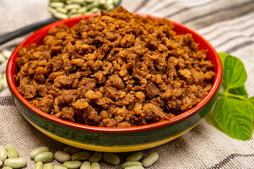 Source of fibre plant based vegan soya protein minced meat, meat free healthy food