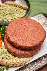Source of fibre plant based vegan soya protein burgers, meat free healthy food