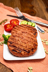 Source of fibre plant based vegan soya protein grilled burgers, meat free healthy food