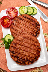 Source of fibre plant based vegan soya protein grilled burgers, meat free healthy food