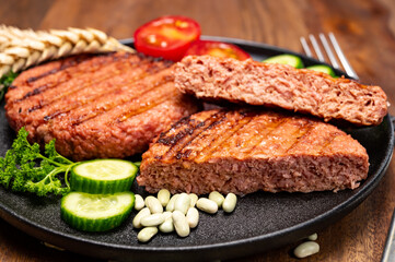 Source of fibre plant based vegan soya protein grilled burgers, meat free healthy food