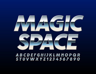 Vector metallic Emblem Magic Space World. Silver Uppercase Font. Steel Alphabet Letters and Numbers