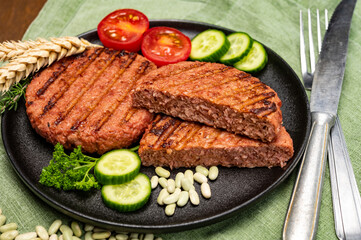 Source of fibre plant based vegan soya protein grilled burgers, meat free healthy food