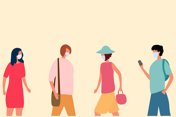 
The movement in the summer of masked men and women. Summer travel concept. Fashionable cartoon vector flat illustration. Lovely fashionable girls and stylish men. Remote movement