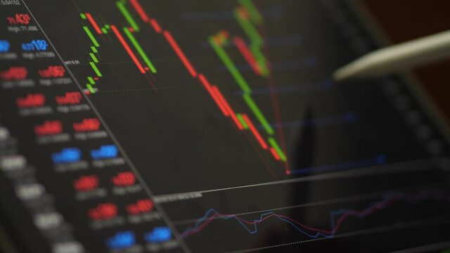 trader use pen trade forex maket stock on mobile with candle stick chart, business concept.
