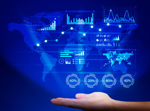 Hand Holding Holographic Screen With Business Information, Blue Background, Collage