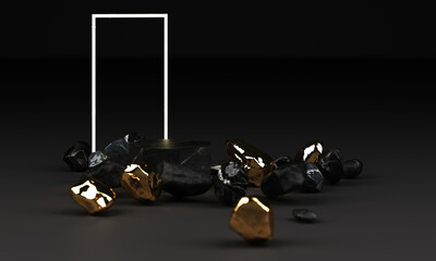 3d rendering of black marble pedestal isolated on black background, round gold freeform rock, abstract minimal concept, blank space, clean design, luxury minimalist mockup, lighting frame growing