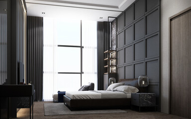 Modern luxury style bedroom area with wooden and marble decoration in grey tone 3d rendering