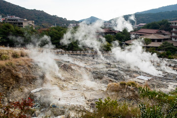 Unzen Hell (Unzen Jigoku) in Unzen Onsen Hot Springs Resort. Hot water, gases and steam spout out of the earth. Kyushu Island, Japan.