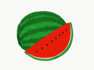 A watermelon and a piece of watermelon with red texture and back seeds isolated on white background