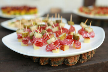 beautiful diet snack with sausage on a white plate