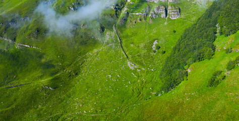 Spring landscape of mountains and meadows near the Portillo de Lunada in the Valle del Miera, Cantabria, Spain, Europe