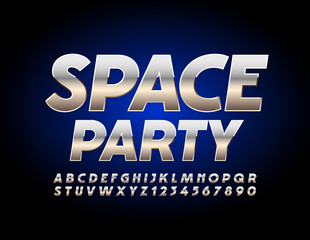 Vector metal poster Space Party with Modern silver Font. Chrome shiny Alphabet Letters and Numbers